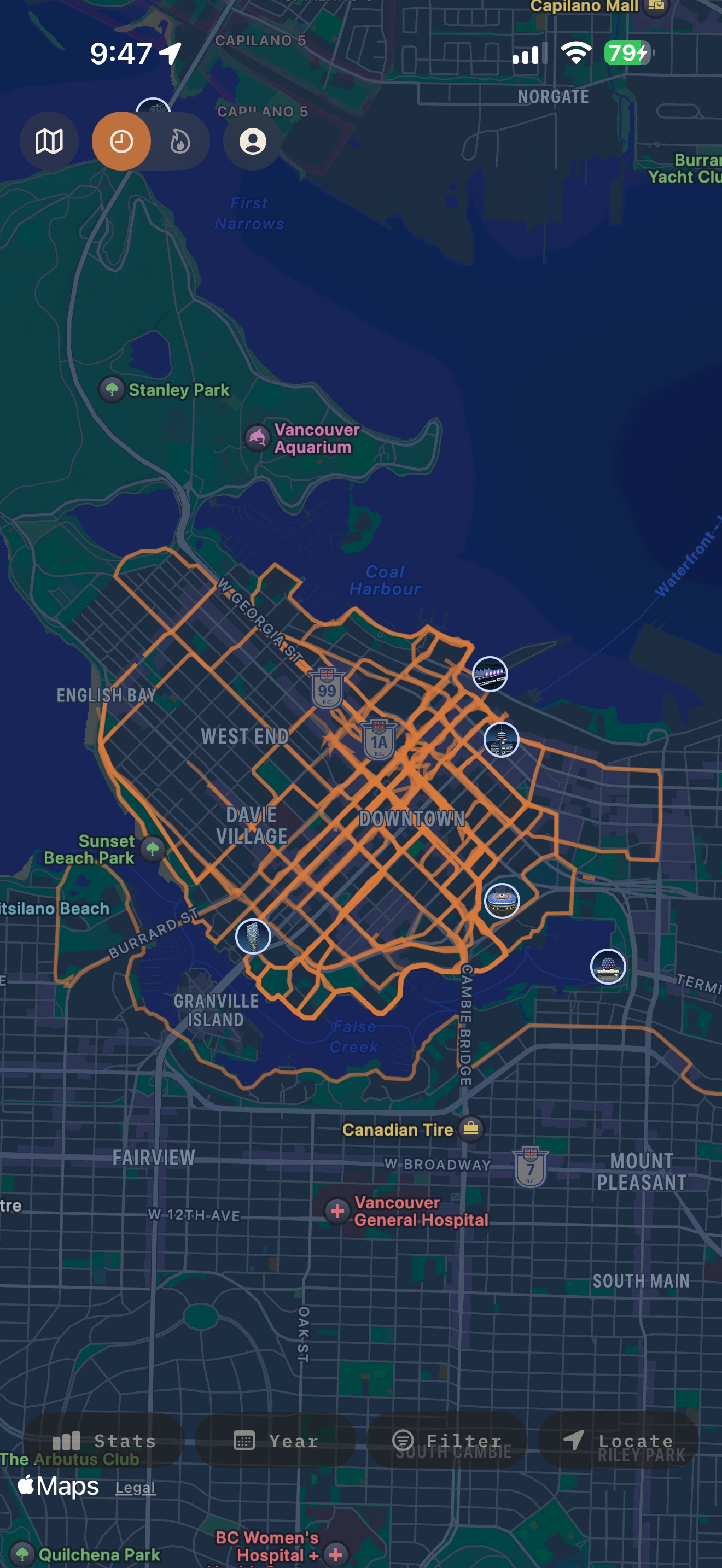 MoveMap - lifetime map of every GPS run, ride, and hike in downtown Vancouver