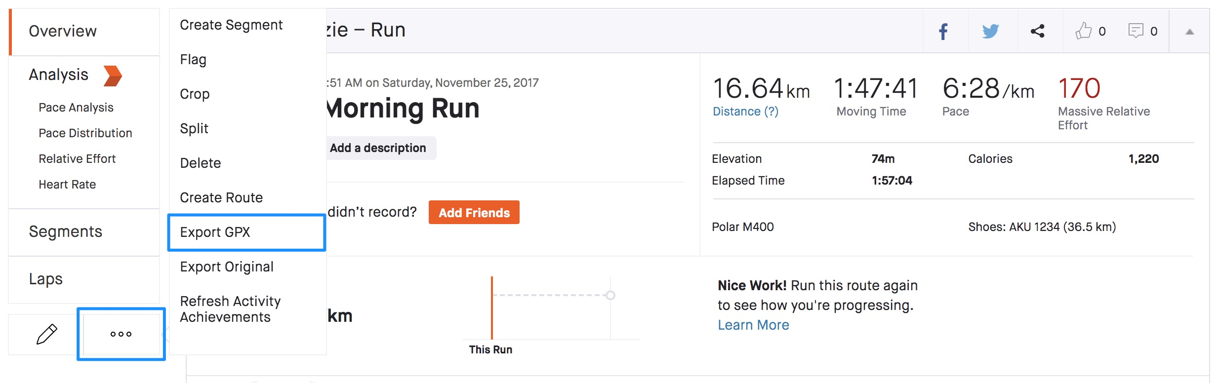 Strava activity page with the three-dot menu open and Export GPX highlighted