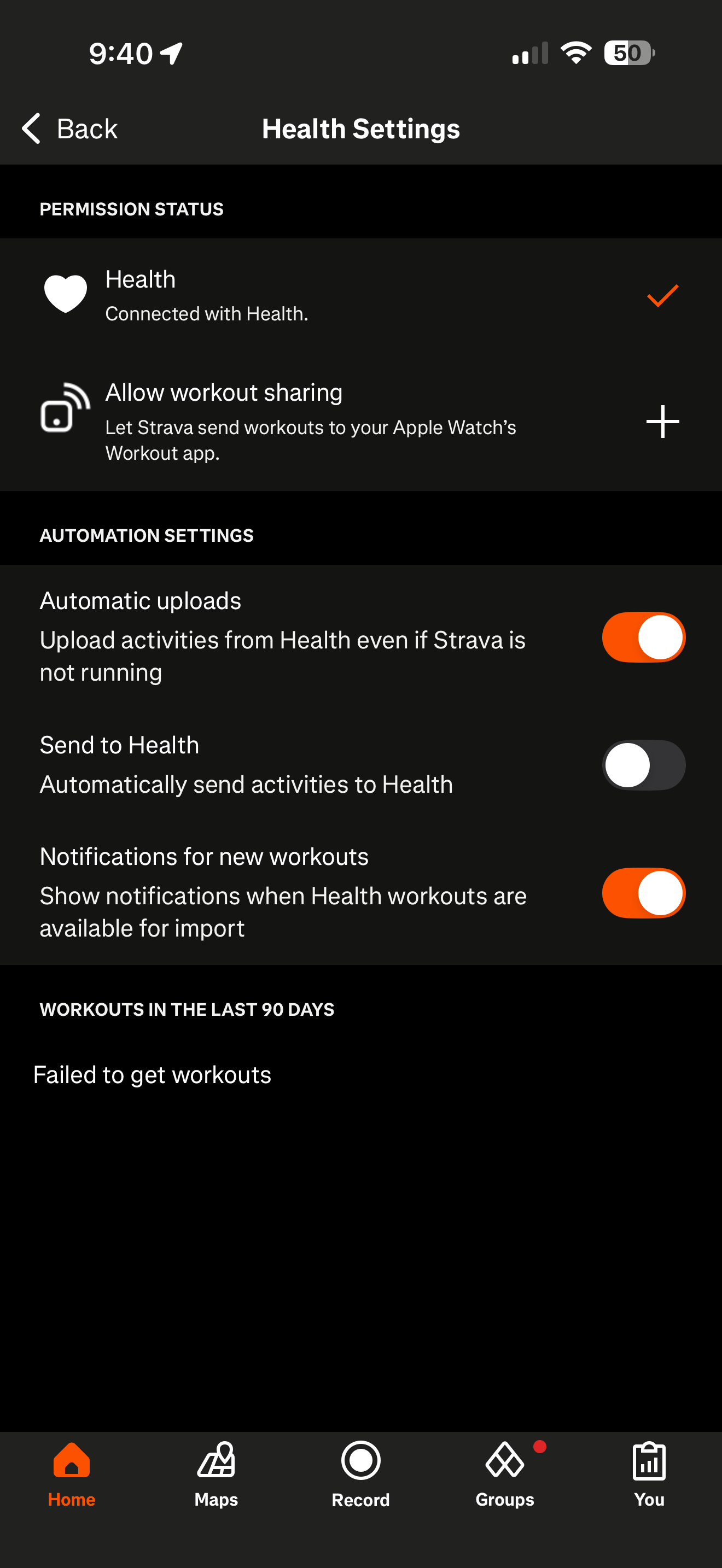 Strava Health Settings with Allow workout sharing not yet connected