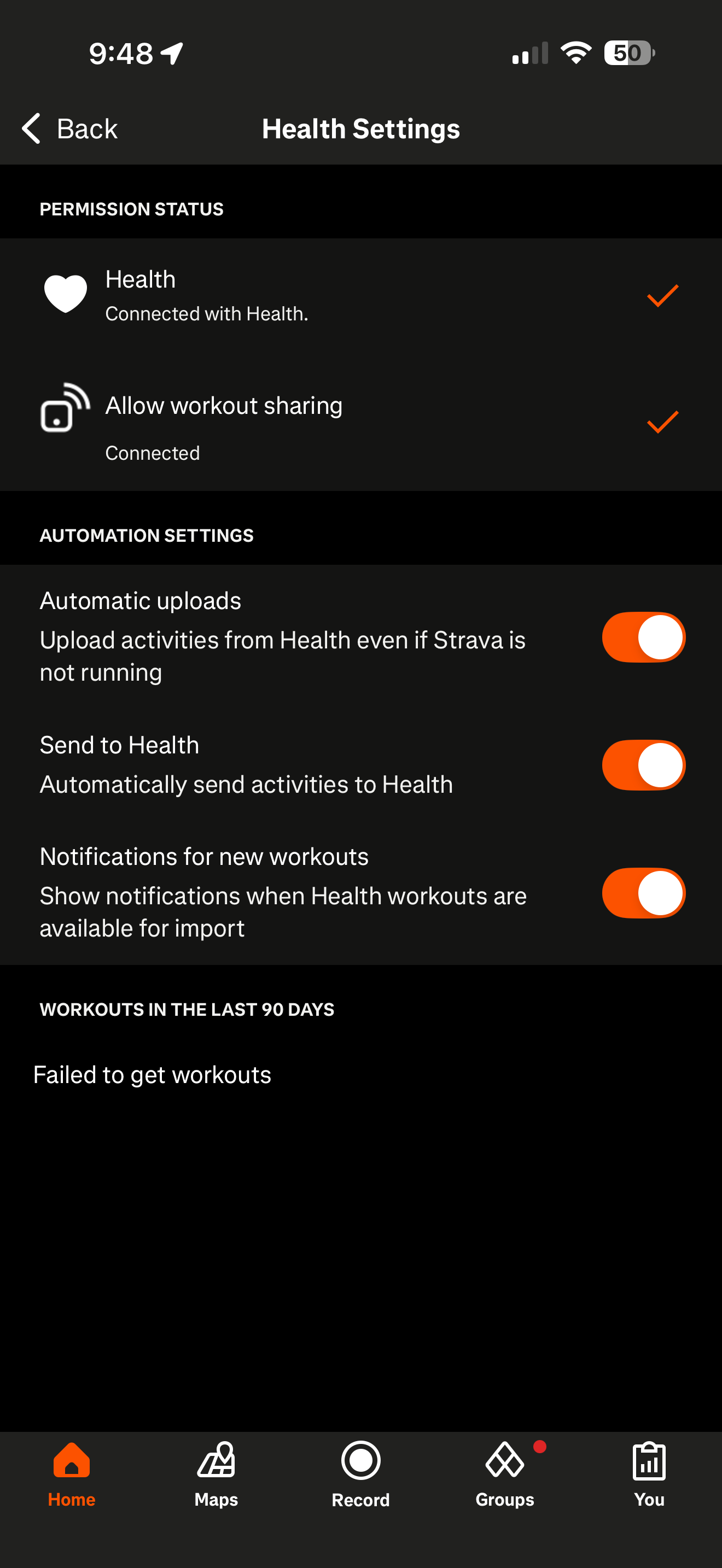 Strava Health Settings showing Allow workout sharing connected